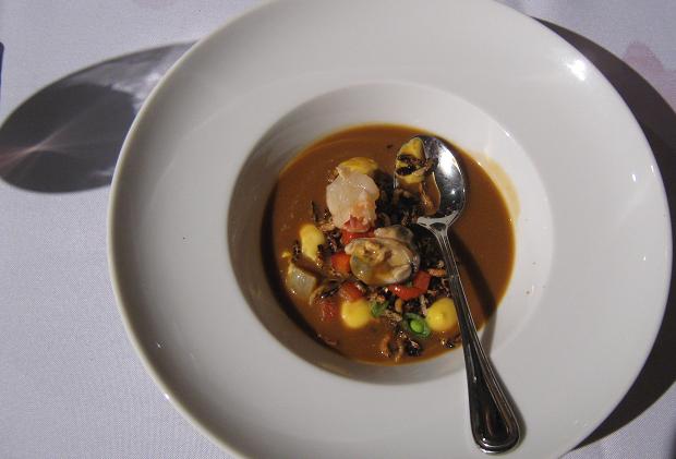 Marben Restaurant's Chef Rob Bragagnolo's Canadian Paella, Crab, Lobster & Mussel Suquet, Crispy Wild Rice, Red Pepper-Saffron Aioli and Almond (c) Michael Godel