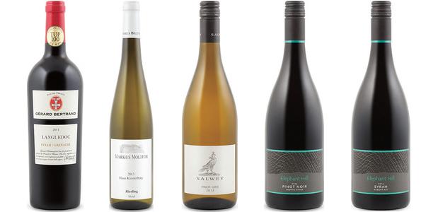 From left to right: Gérard Bertrand Languedoc Syrah/Grenache 2011, Markus Molitor Haus Klosterberg Riesling 2013, Salwey Pinot Gris 2013, Elephant Hill Pinot Noir 2013 and Elephant Hill Syrah 2012