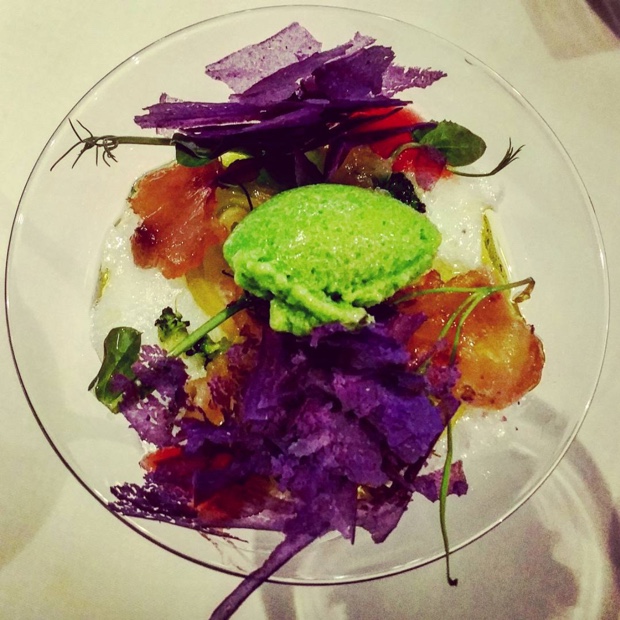 Ocean Martini Salad, green pea crème, eco-tomato foam, galician white tuna, cucumber sorbet, violet potato crunch #baldonsera 